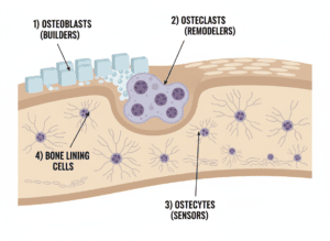 A simple illustration showing the four main bone cell types and their locations in bone tissue.