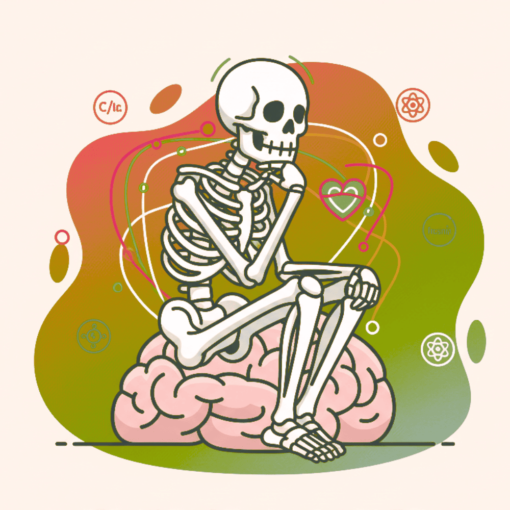 A simple illustration of a human skeleton sitting in the classic “thinking position” with one elbow resting on the knee and the hand supporting the chin—symbolizing the connection between our thoughts, emotions, and the living, adaptive nature of our bones.