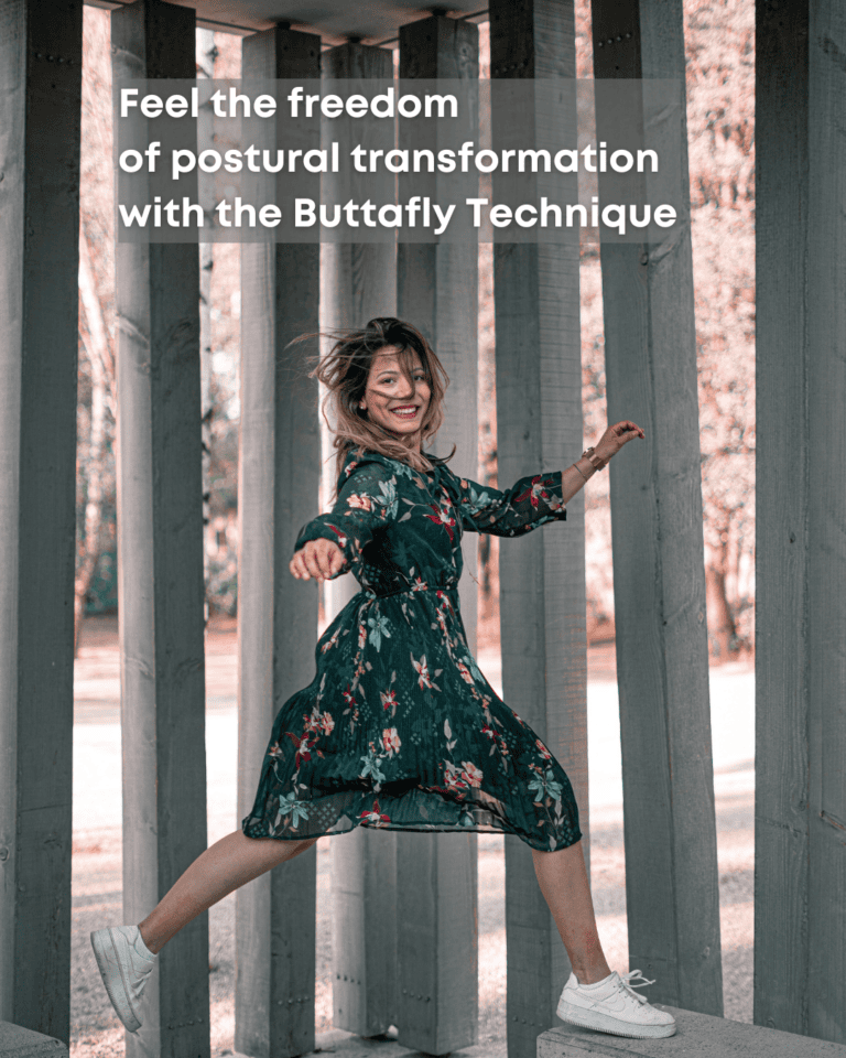 A joyful woman in a flowing dress skips outdoors, embodying a sense of freedom and ease—capturing the spirit of postural transformation with the Buttafly Technique.