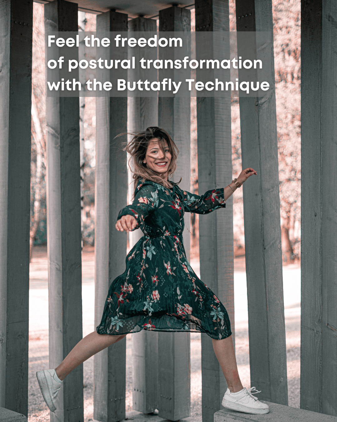 A joyful woman in a flowing dress skips outdoors, embodying a sense of freedom and ease—capturing the spirit of postural transformation with the Buttafly Technique.